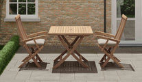 Teak Square Folding Table with Lincoln Folding Carver Chairs & Ecru Cushions Side View