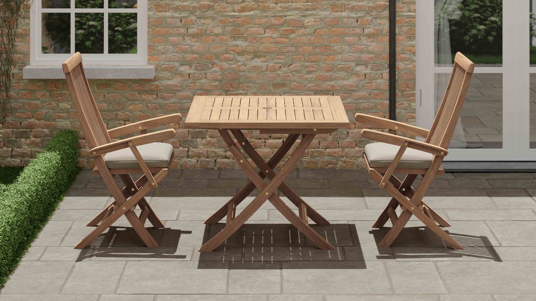 Teak Square Folding Table with Lincoln Folding Carver Chairs & Ecru Cushions Side View