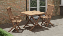 Teak Square Folding Table with Lincoln Folding Carver Chairs Front Angled View