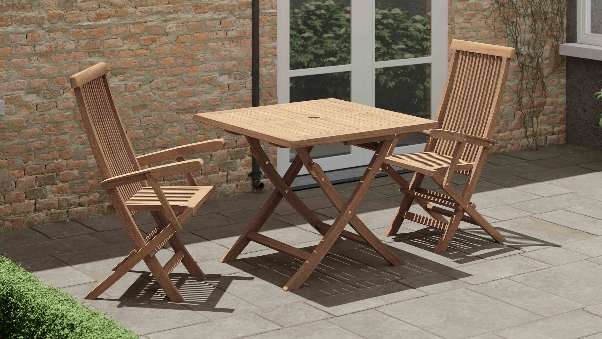 Teak Square Folding Table with Lincoln Folding Carver Chairs Front Angled View