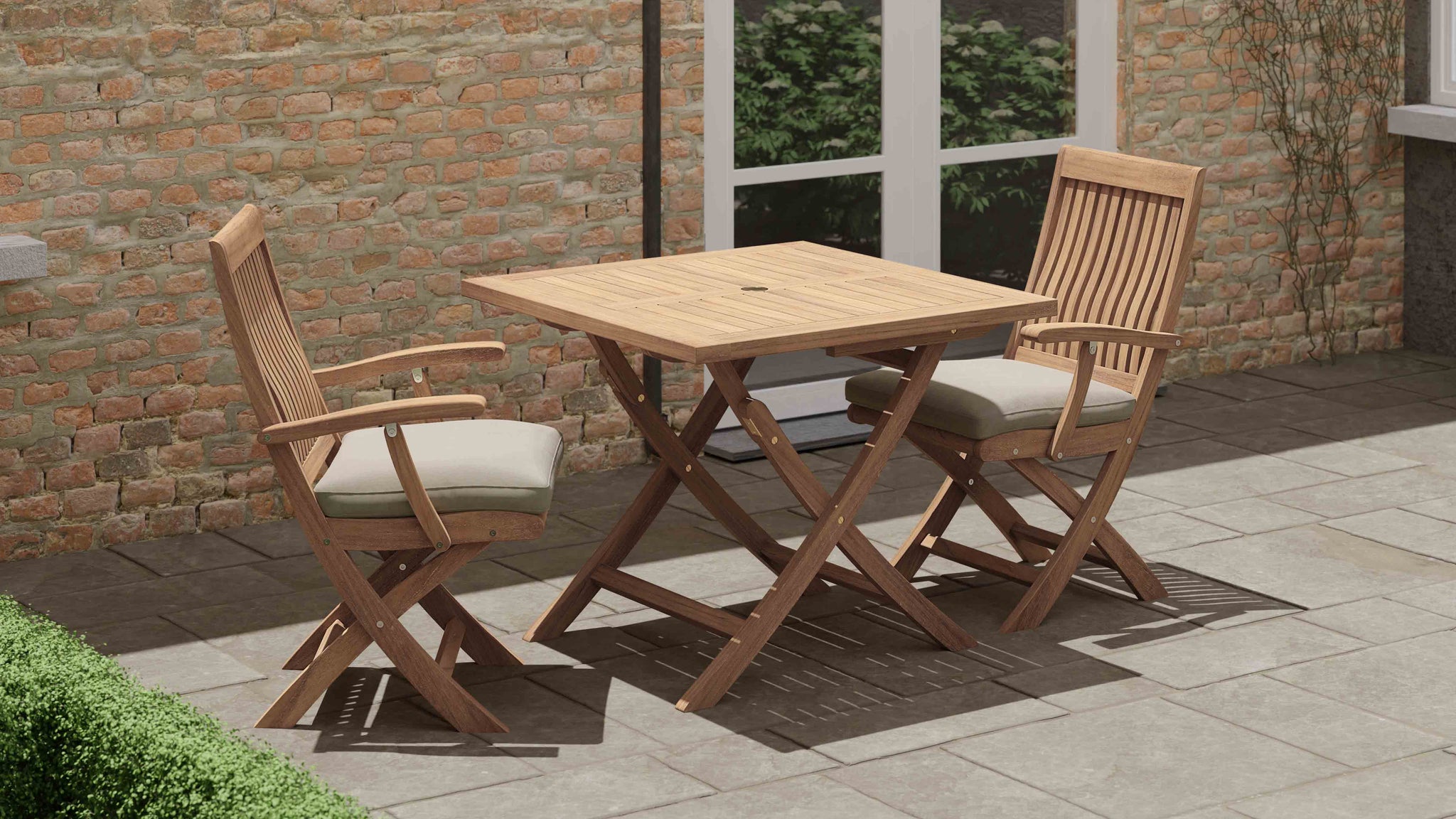 Teak Square Folding Table with Lincoln Folding Carver Chairs & Ecru Cushions Front Angled View