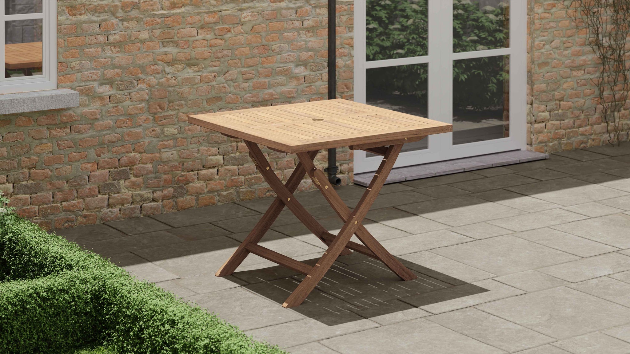 Square Folding Teak Garden Table Front Angled View