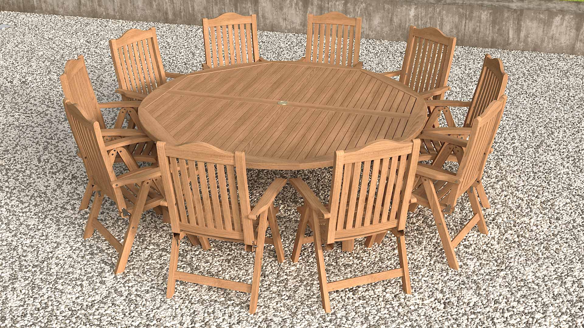 Teak Fixed Round Table with Lymington Recliner Chairs Overhead Perspective