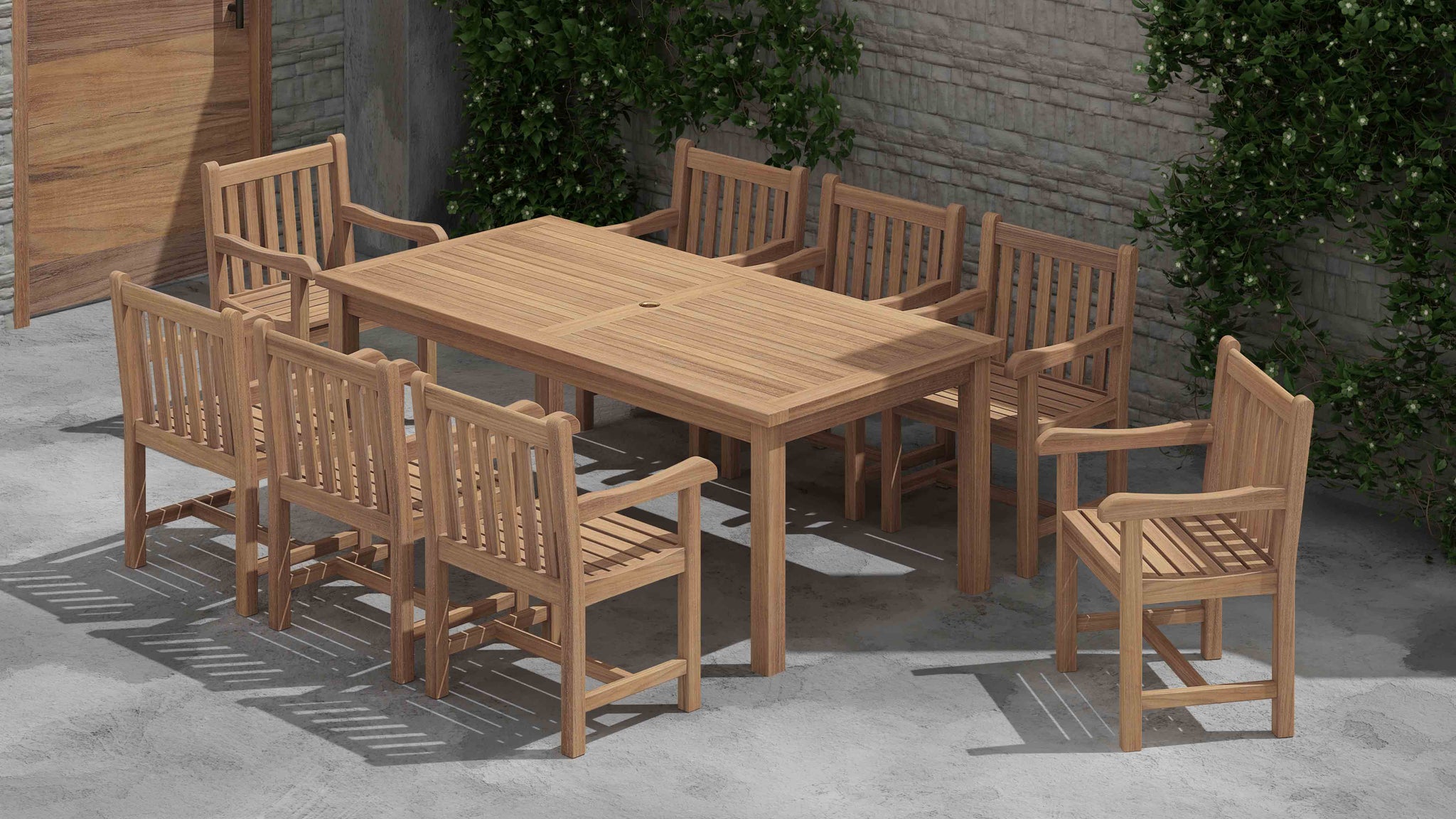 100x200cm Teak Fixed Rectangular Table With Salisbury Carver & Dining Chairs Overhead Perspective
