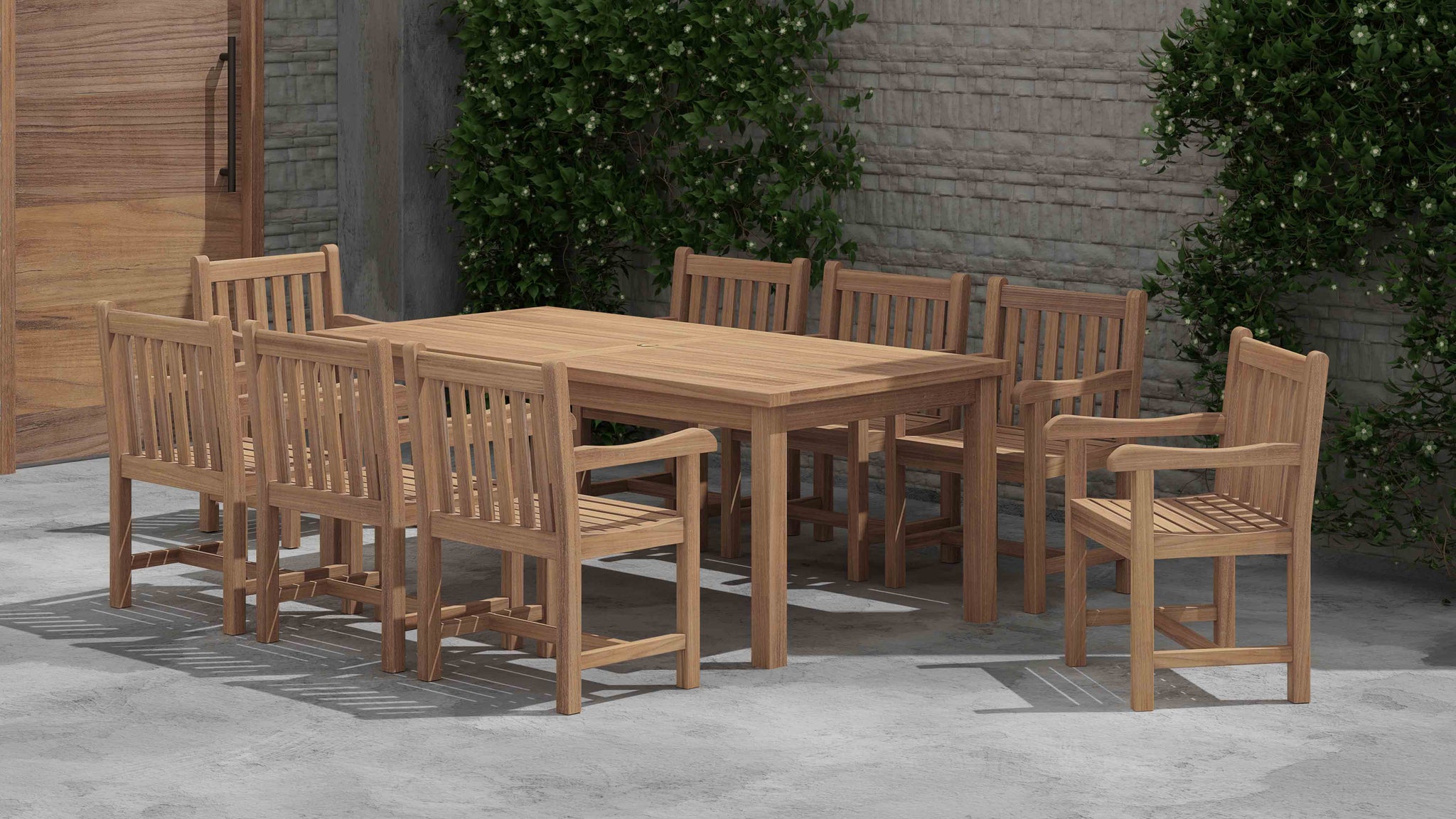 100x200cm Teak Fixed Rectangular Table With Salisbury Carver & Dining Chairs Front Angled View