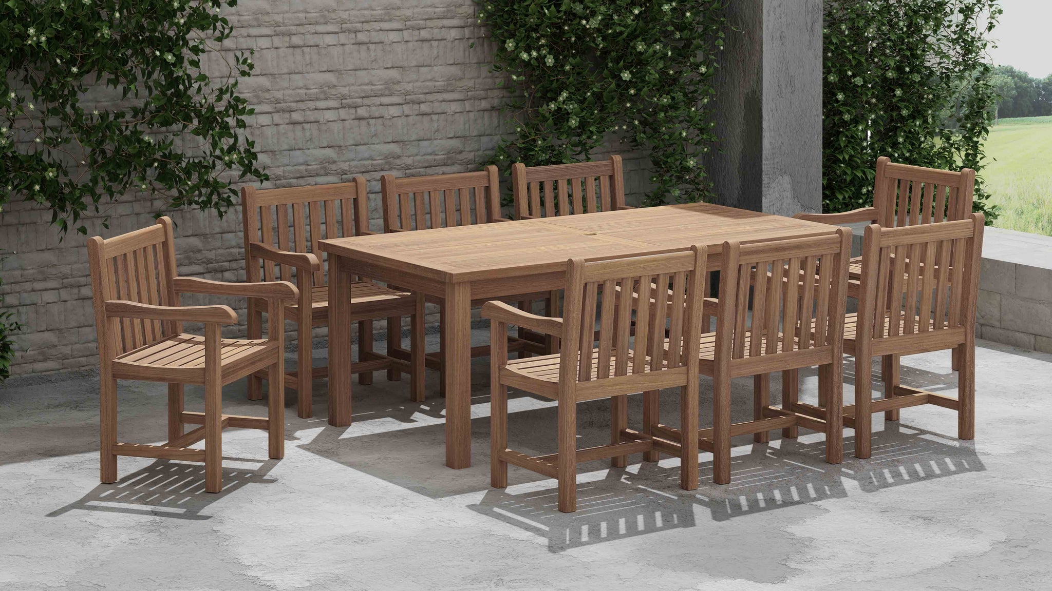 100x200cm Teak Fixed Rectangular Table With Salisbury Carver & Dining Chairs Alternative Front Angled View