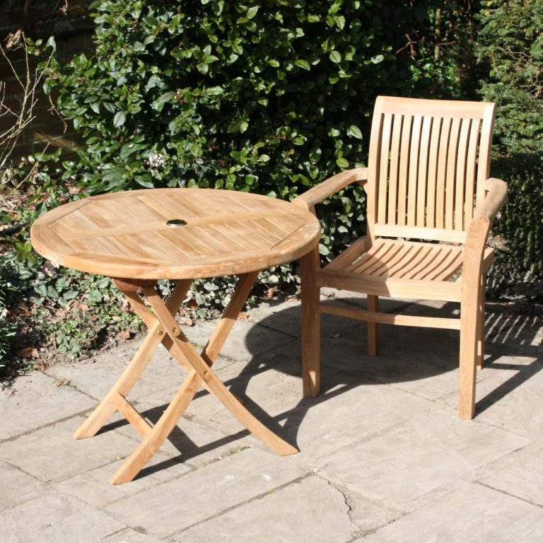 Round Folding Teak Garden Table with Wells Stackable Armchair