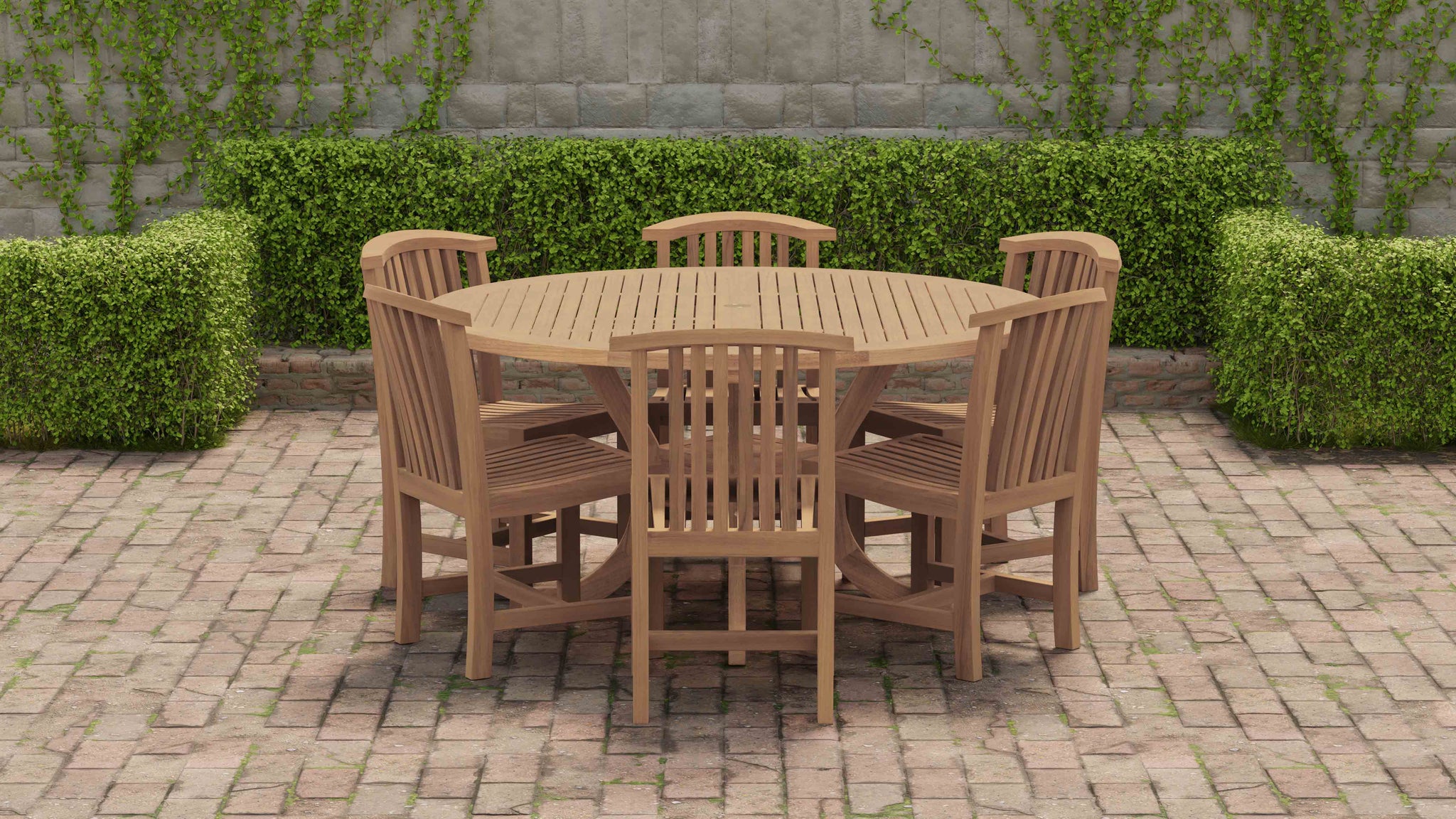 Teak 150cm Diameter Pedestal Garden Table with 6 Winchester Dining Chairs