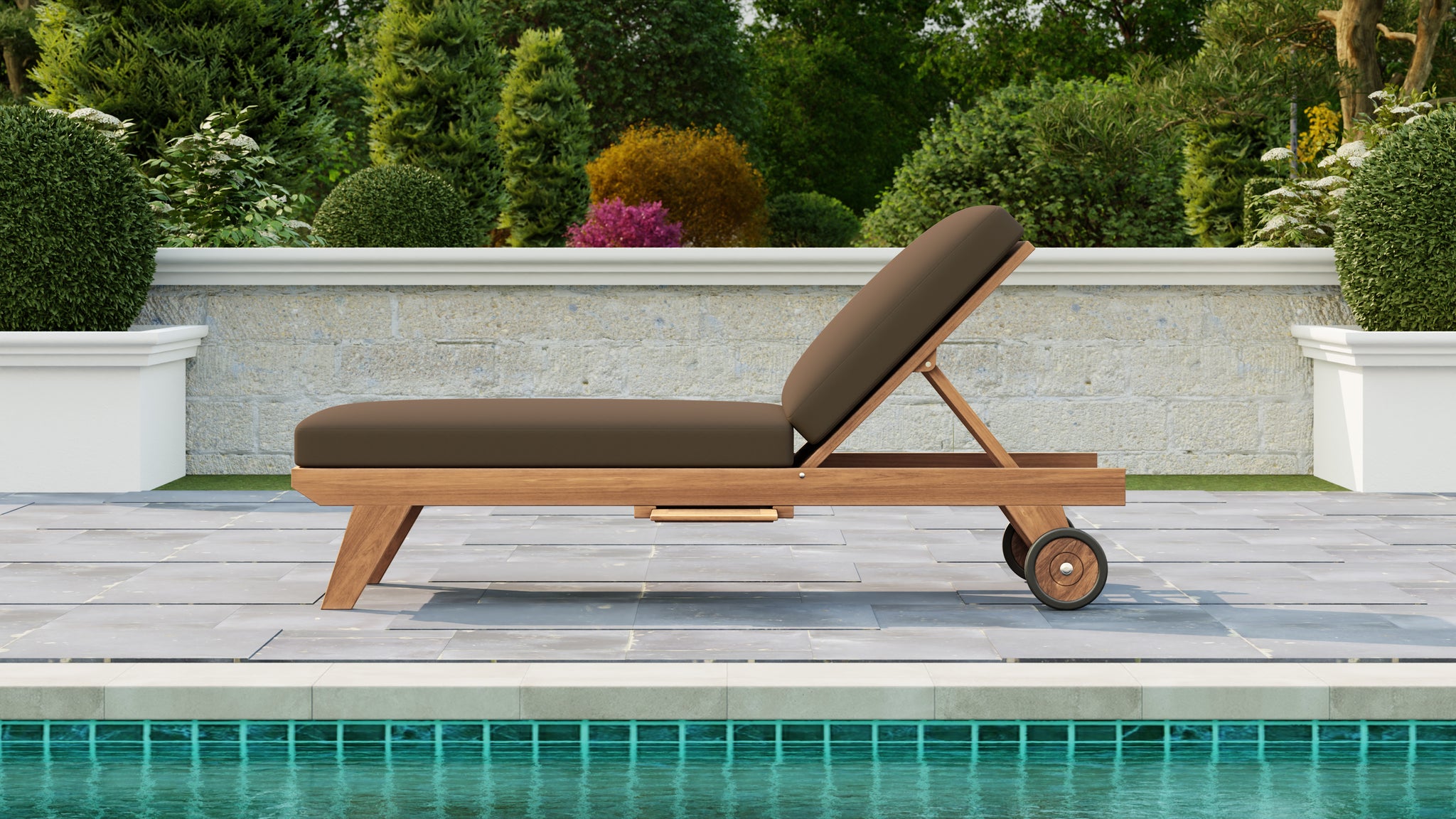Teak Sun Lounger With Wheels & Taupe Cushion & Optional Pull Out Tray