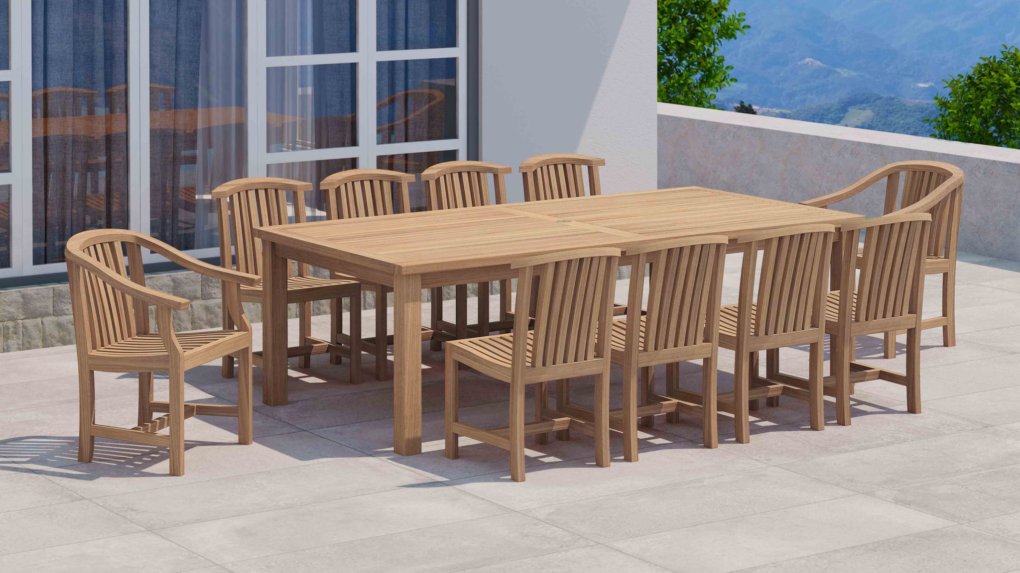 120 x 240cm Teak Fixed Rectangular Table with 2 Winchester Carver and 8 Dining Chairs Front Angled View