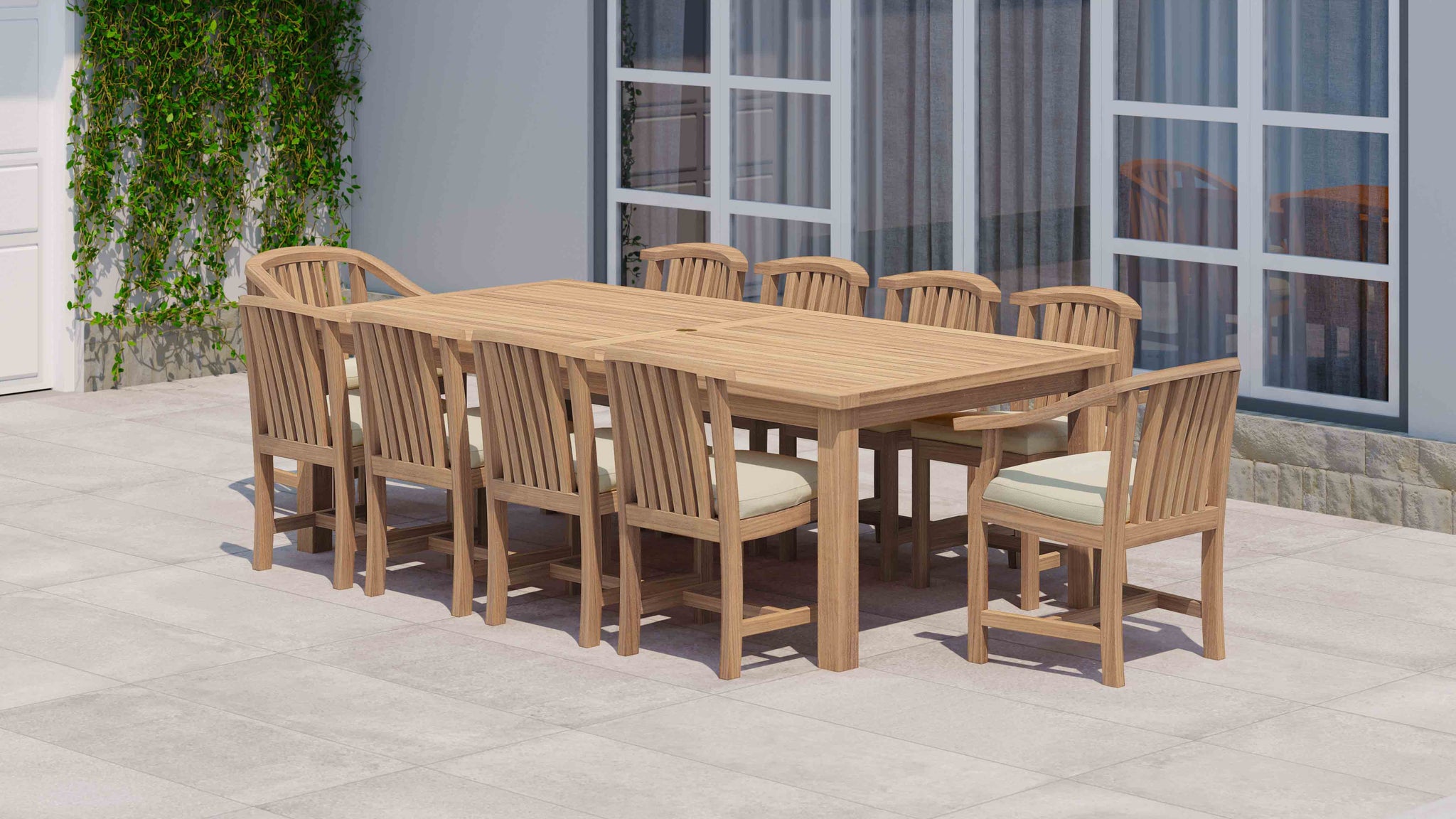 120 x 240cm Teak Fixed Rectangular Table with 2 Winchester Carver and 8 Dining Chairs with Ecru Cushions Front Angled View