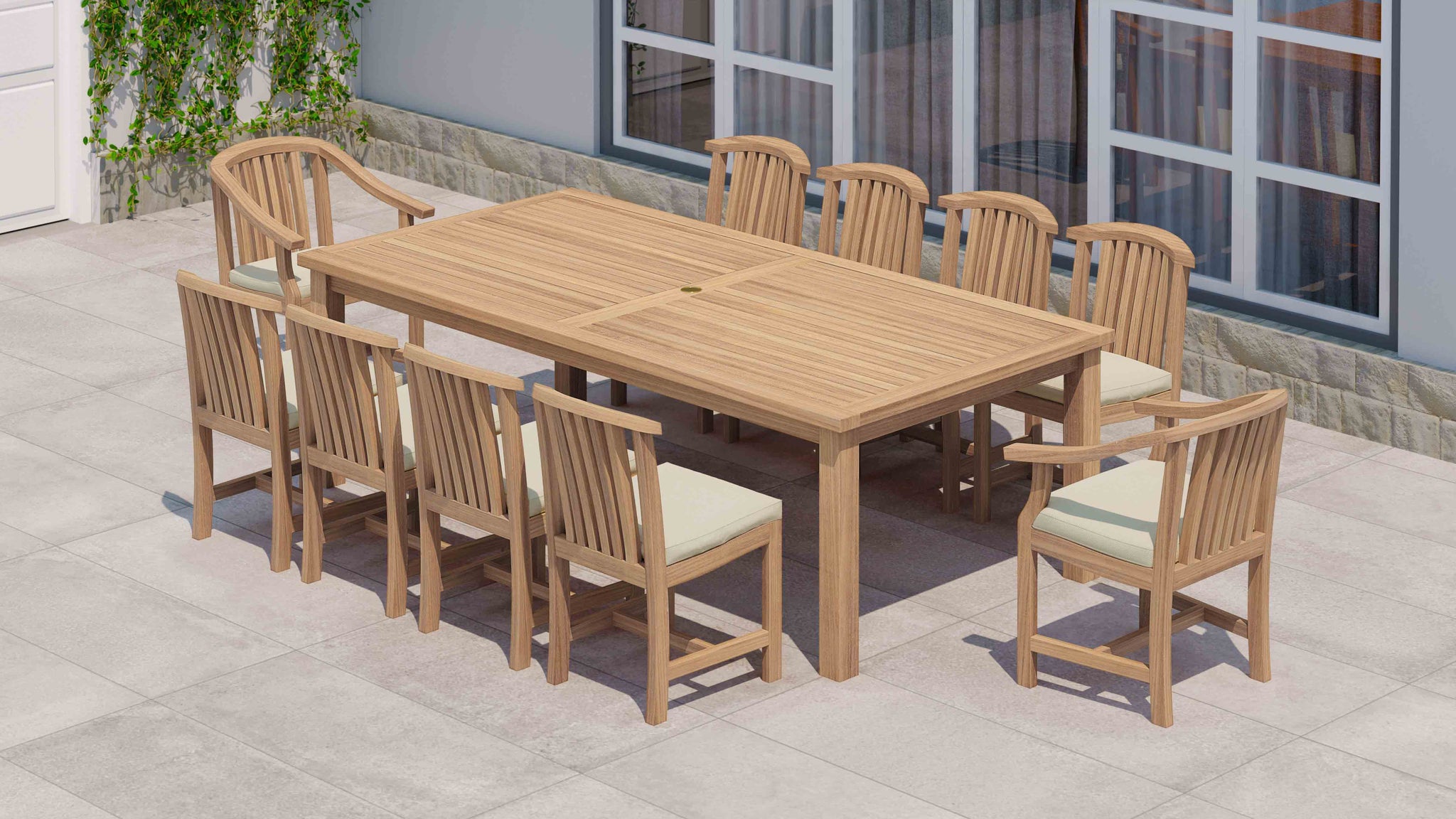 120 x 240cm Teak Fixed Rectangular Table with 2 Winchester Carver and 8 Dining Chairs with Ecru Cushions Overhead Perspective
