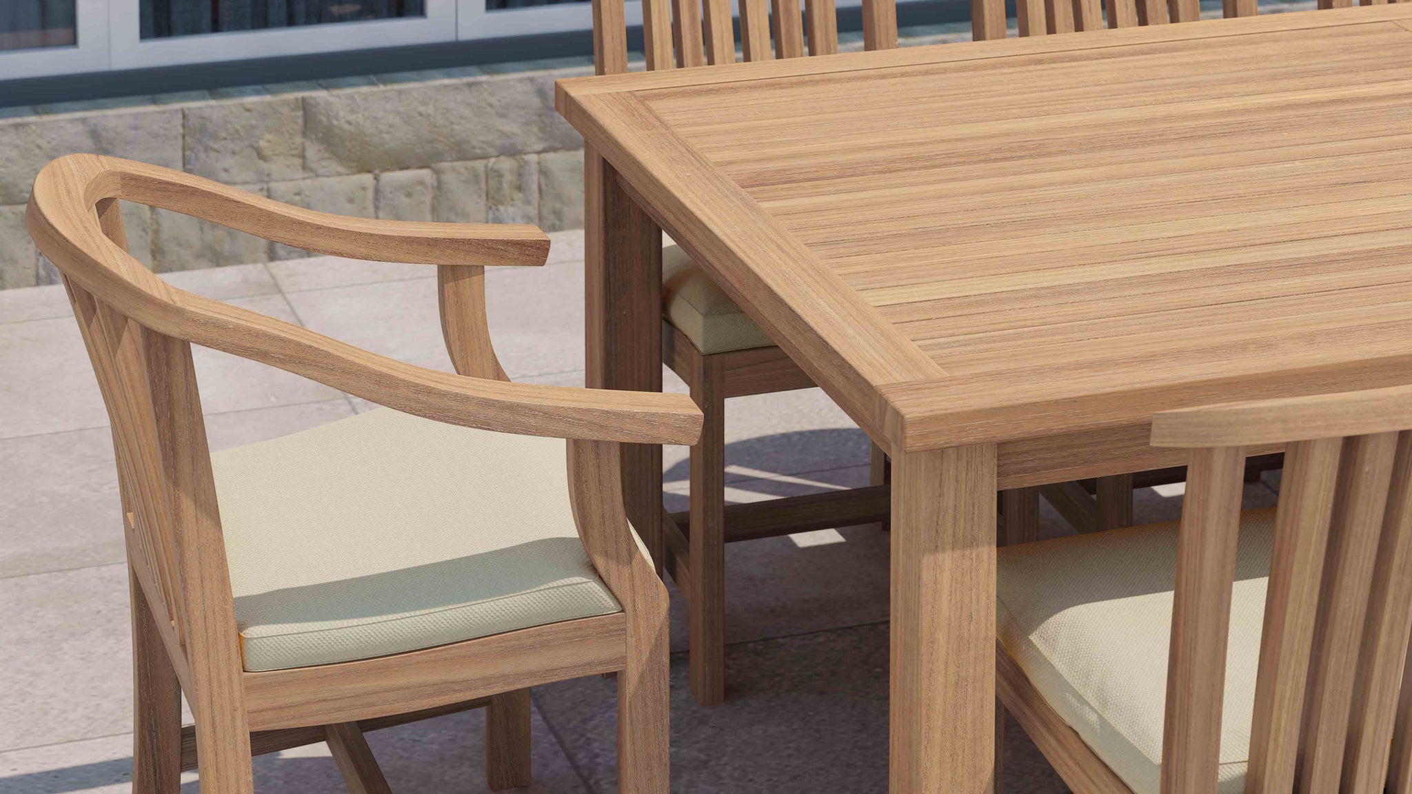 Teak Fixed Rectangular Table with Winchester Teak Carver & Dining Chair With Cushions Close Up Detail