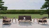 Windsor Teak Two Seater Sofa Shown As A Set With Two Sofas One Windsor Lounge Armchair, Taupe Cushions, Two Square Side Tables and  a Rectangular Coffee Table