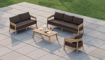 Windsor Teak Three Seater Sofa Shown As A Set With Two Seater Sofa and One Lounge Armchair, Taupe Cushions and Rectangular Coffee Table