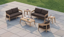 The Windsor Teak Square Side Table Shown with Sofas, Armchair & Rectangular Coffee Table