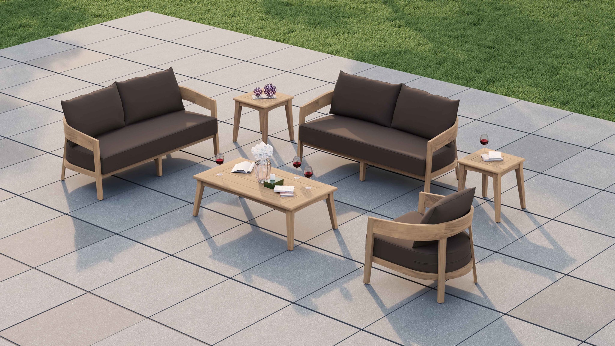 The Windsor Teak Square Side Table Shown with Sofas, Armchair & Rectangular Coffee Table