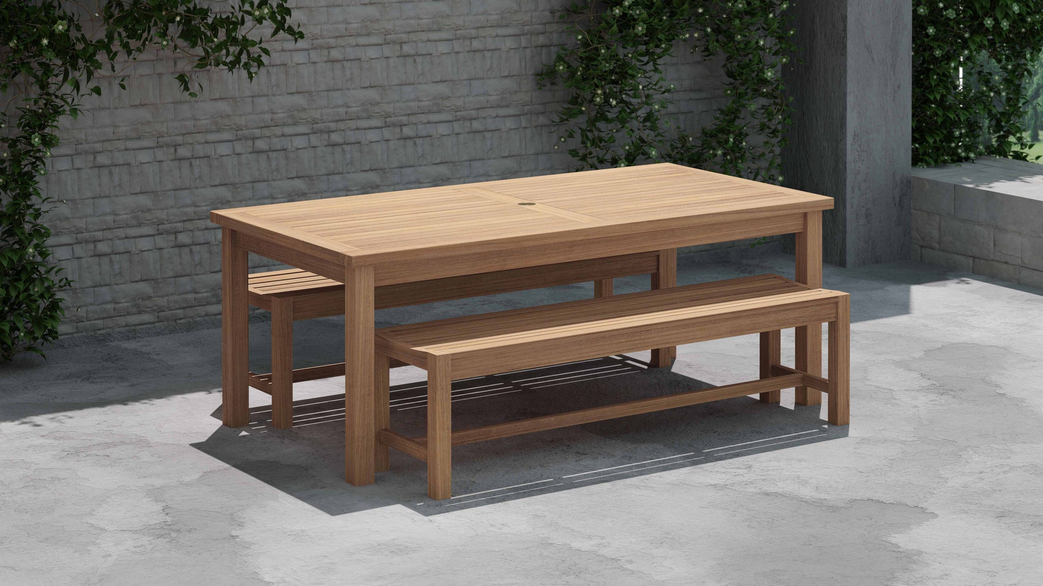 100 x 200cm Teak Fixed Rectangular Table with 2 Backless Benches Alternative View