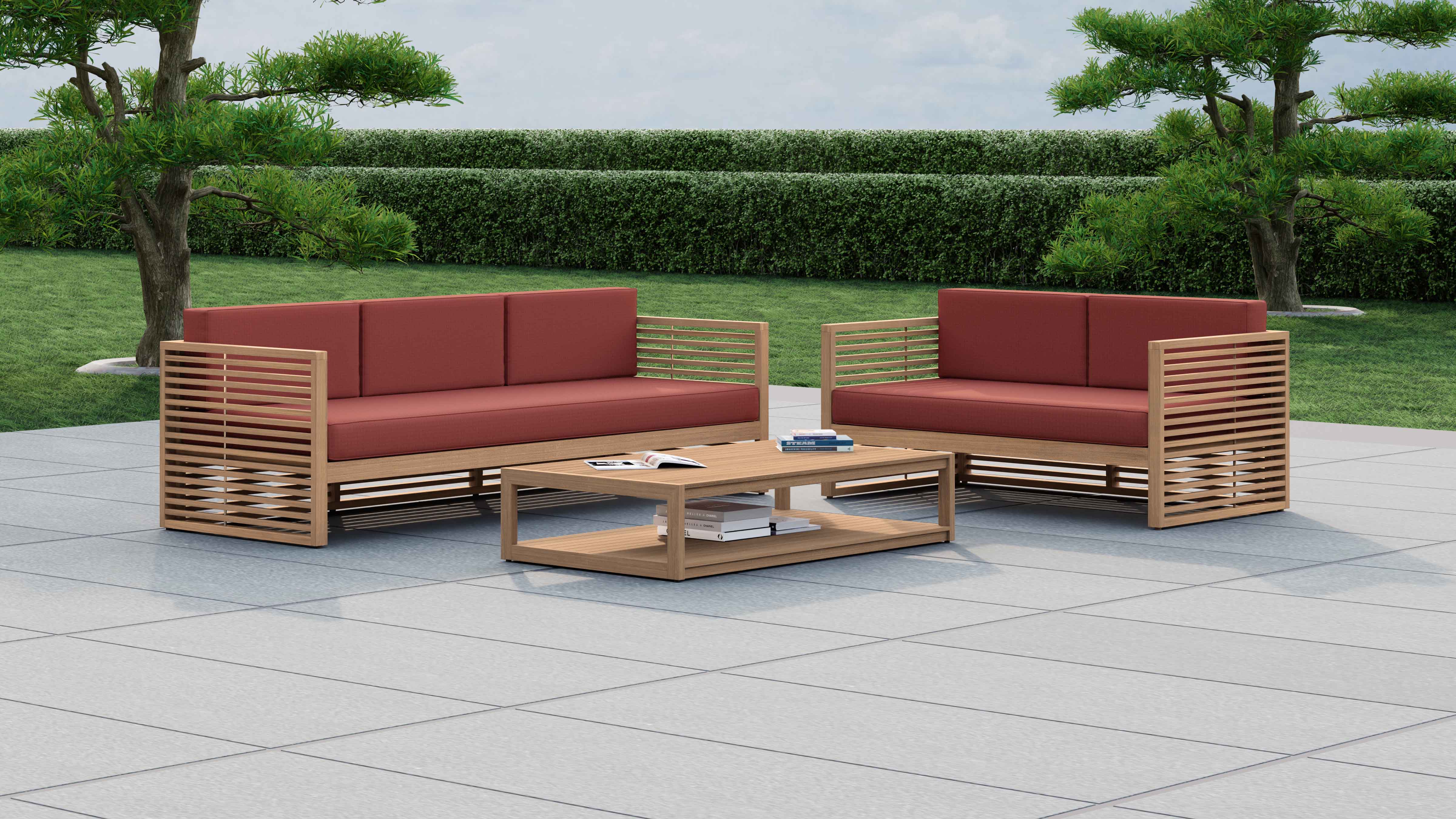 Buckingham Teak Outdoor Lounge Set Featuring 3 Seat Sofa, 2 Seat Sofa and Rectangular Coffee Table in Paris Range Fabric - Terracotta