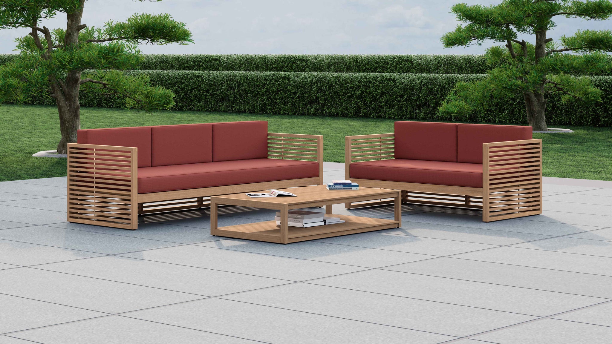 Buckingham Teak Outdoor Lounge Set Featuring 3 Seat Sofa, 2 Seat Sofa and Rectangular Coffee Table in Paris Range Fabric - Terracotta