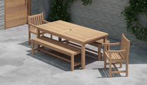 100 x 200cm Teak Fixed Rectangular Table with 2 Backless Benches and 2 Salisbury Carver Chairs Overhead Perspective