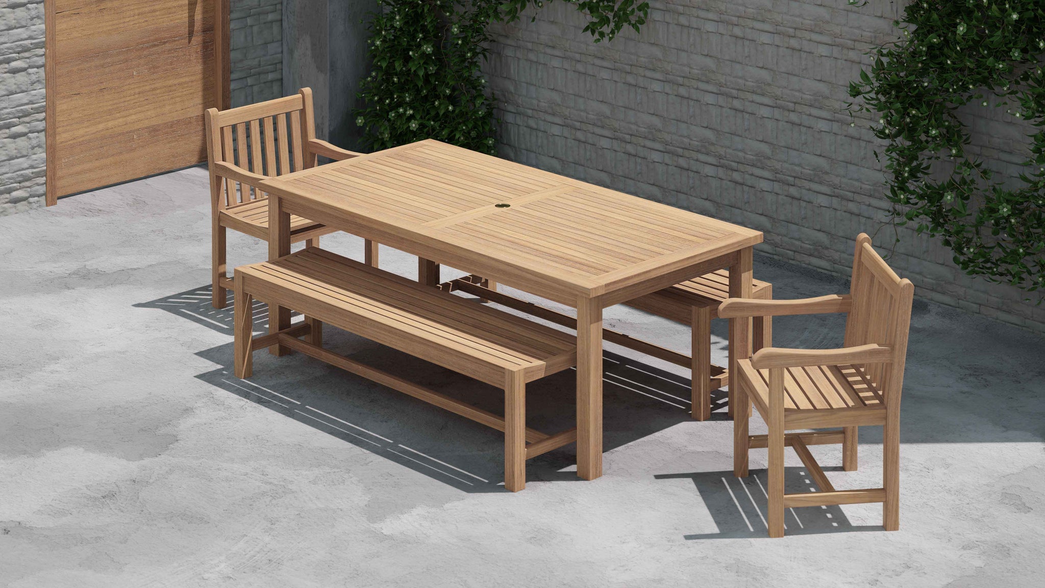 100 x 200cm Teak Fixed Rectangular Table with 2 Backless Benches and 2 Salisbury Carver Chairs Overhead Perspective