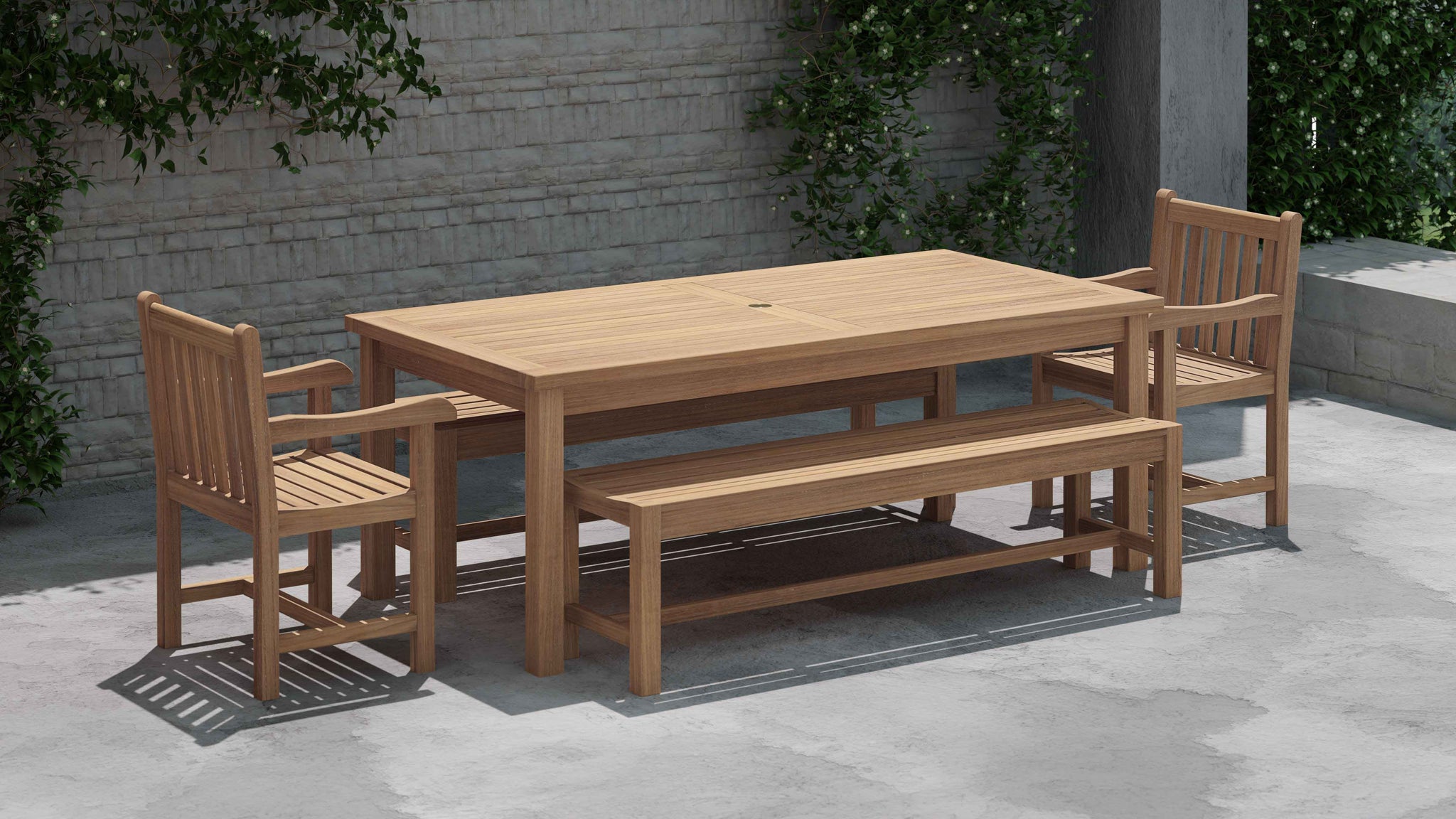 100 x 200cm Teak Fixed Rectangular Table with 2 Backless Benches and 2 Salisbury Carver Chairs Front Angled View