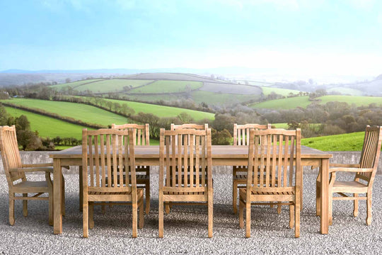 120x240cm Teak Fixed Rectangular Dining Table with Kensington 2 Carver & 6 Dining Chairs