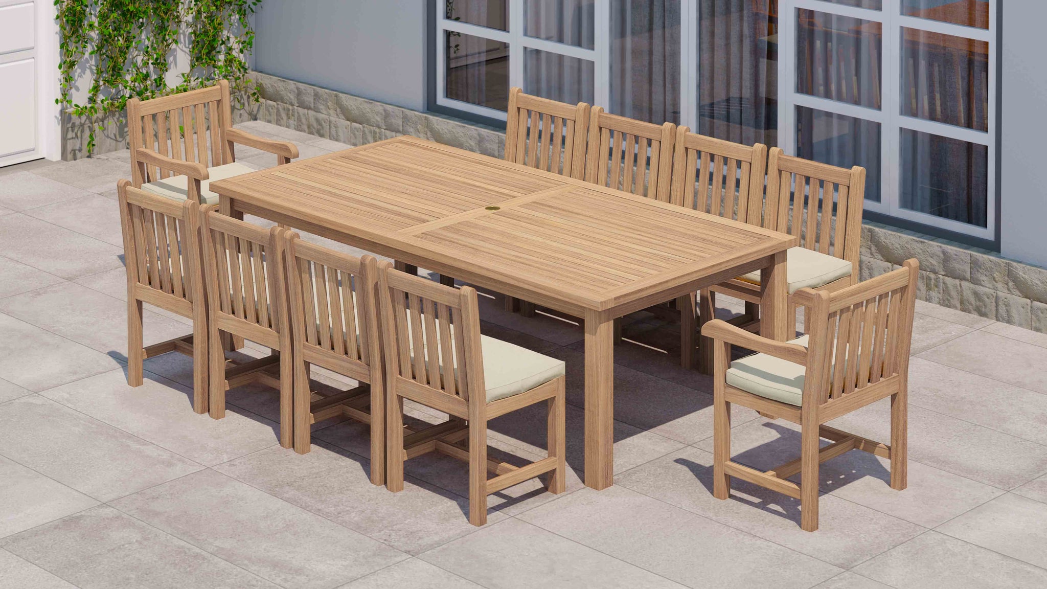120x240cm Teak Fixed Rectangular Table With Salisbury Carver & Dining Chairs Overhead Perspective