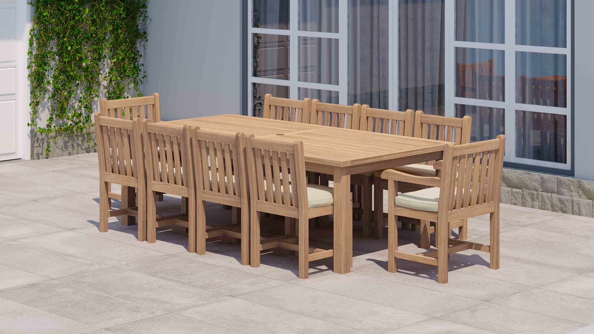 120x240cm Teak Fixed Rectangular Table With Salisbury Carver & Dining Chairs with Ecru Cushions Front Angled View