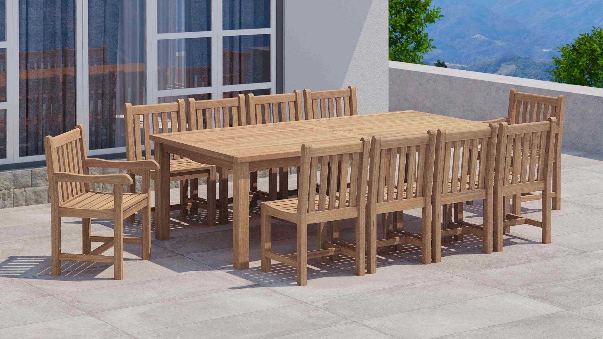 120x240cm Teak Fixed Rectangular Table With Salisbury Carver & Dining Chairs Front Angled View