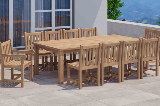 120x240cm Teak Fixed Rectangular Table With Salisbury Carver &  Dining Chairs Front Angled View