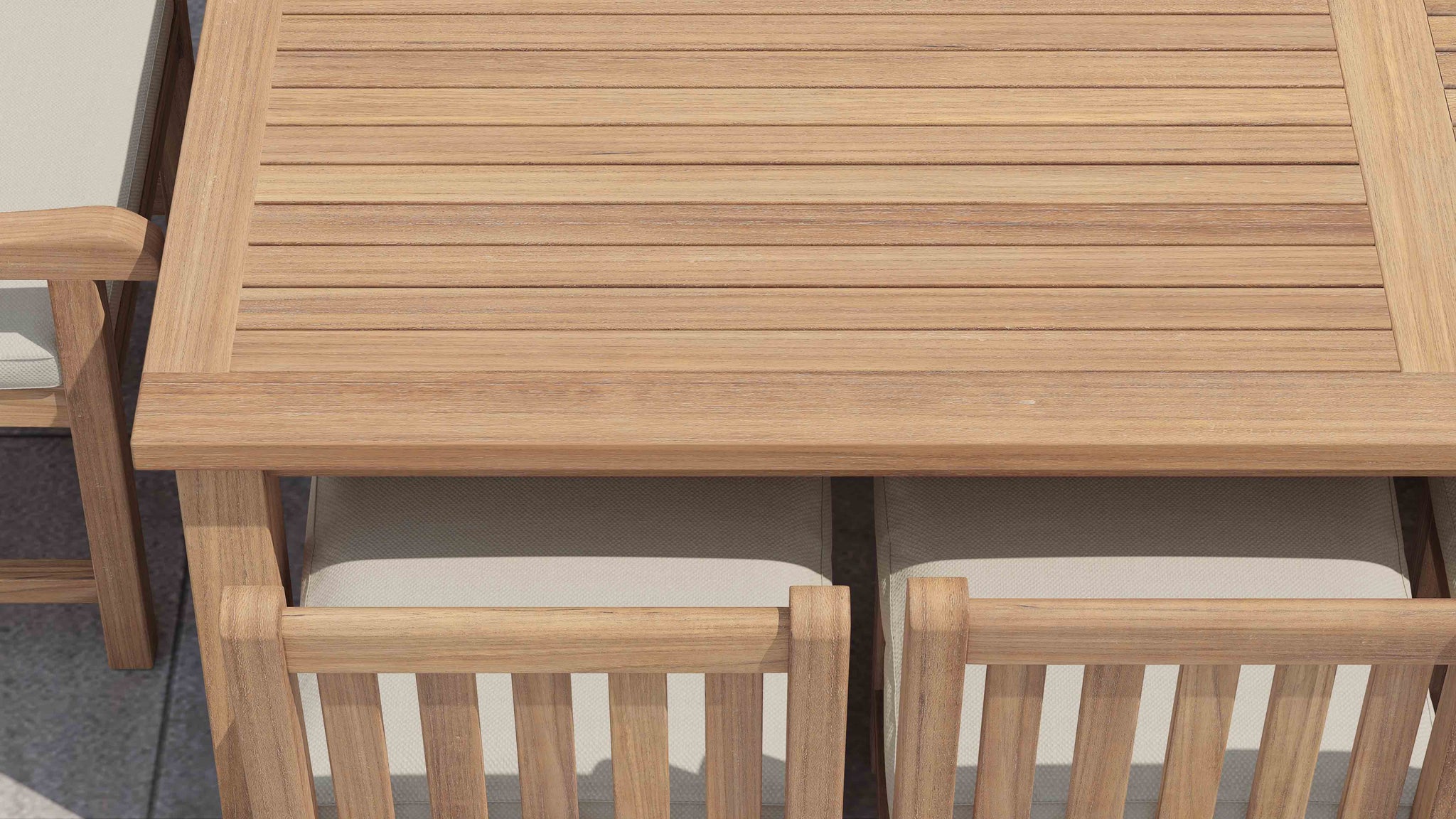 120x240cm Teak Fixed Rectangular Table With Salisbury Carver & Dining Chairs with Ecru Cushions Close Up Detail View