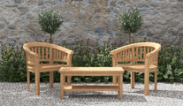 Two Gloucester Teak Lounge Garden Chairs with Rectangular Coffee Tabe