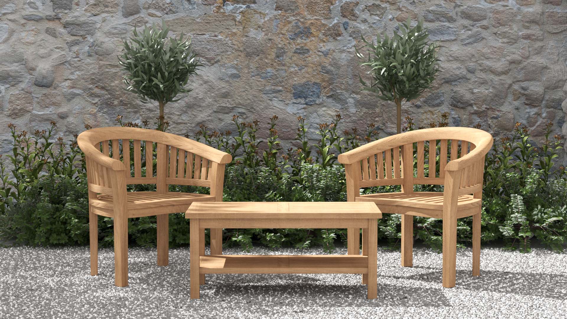 Two Gloucester Teak Lounge Garden Chairs with Rectangular Coffee Tabe