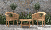 Two Gloucester Teak Lounge Garden Chairs with Round Coffee Table