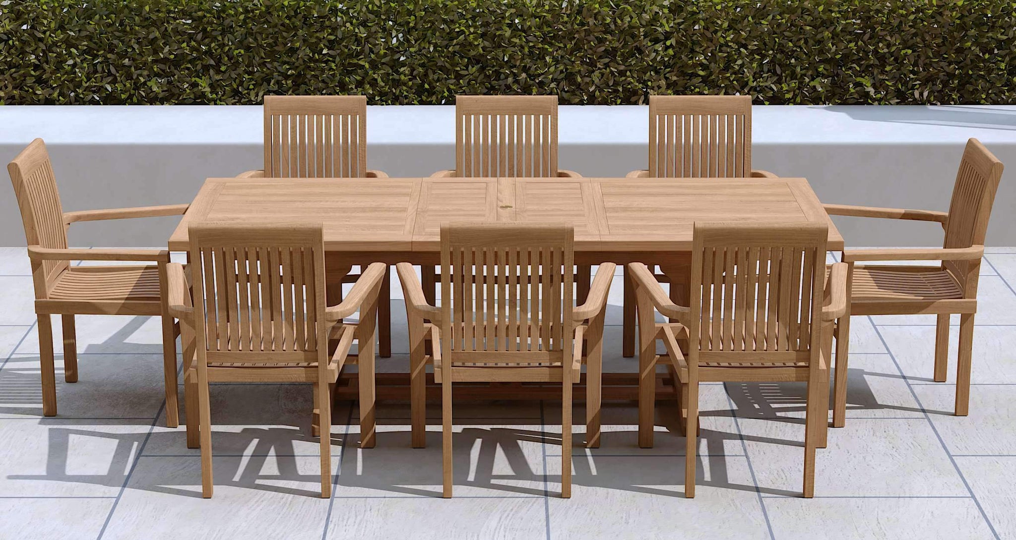 Teak Garden Extending Dining Table 180-240cm & 8 Wells Stacking Carver Chairs