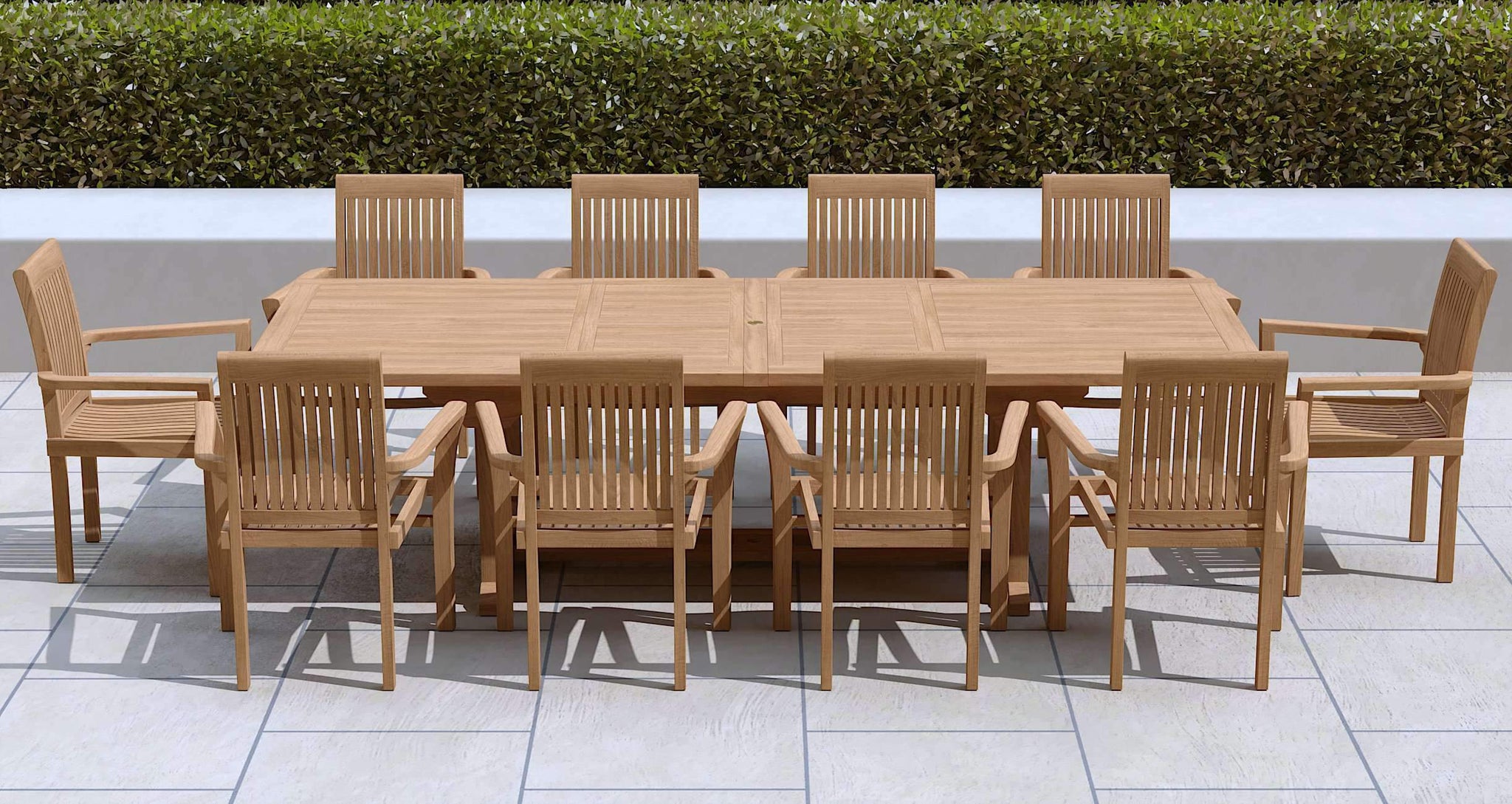 Teak Rectangular Extending Garden Dining Table with 10 Wells Carver Chairs