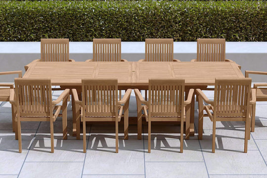 Teak Rectangular Extending Garden Dining Table with 10 Wells Carver Chairs