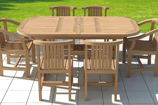 Teak 130-180cm Deluxe Garden Extending Table ( 6 Seater) with Two Winchester Carver Chairs and Four  Winchester Dining Chairs