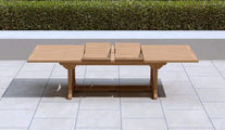 Teak Rectangular Extending Garden Dining Table with 10 Wells Carver Chairs Showing Extension Leaves