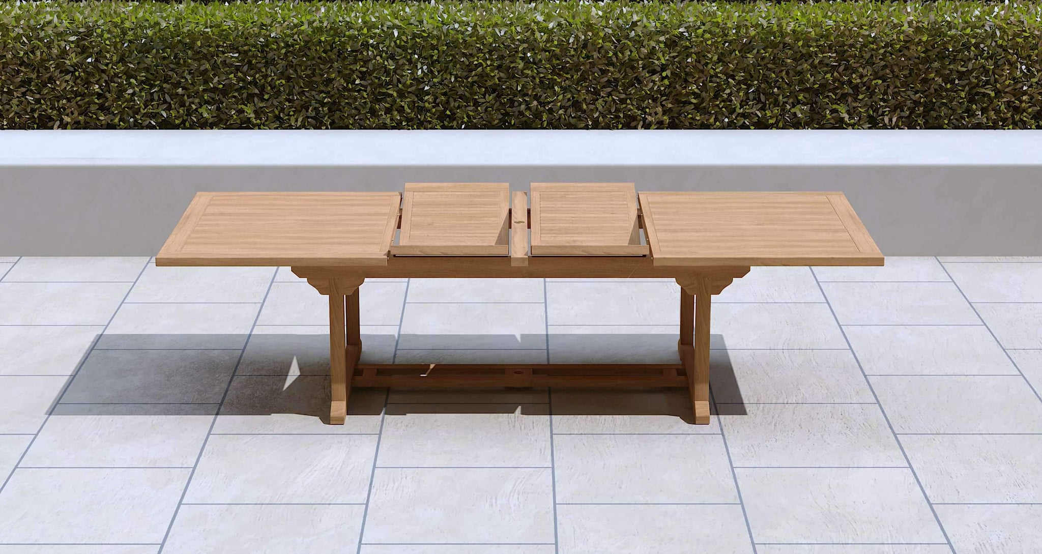 Teak Rectangular Extending Garden Dining Table with 10 Wells Carver Chairs Showing Extension Leaves