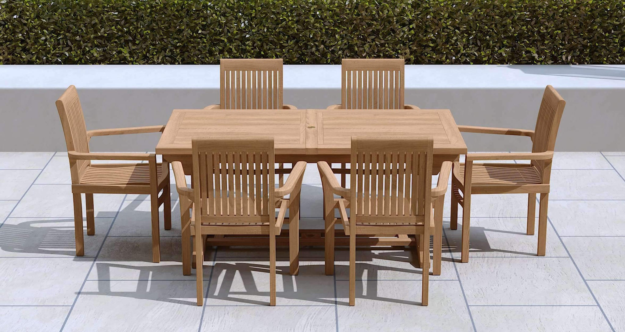 Teak Garden Extending Dining Table 180-240cm Closed Shown with 6 Wells Garden Carver Chairs