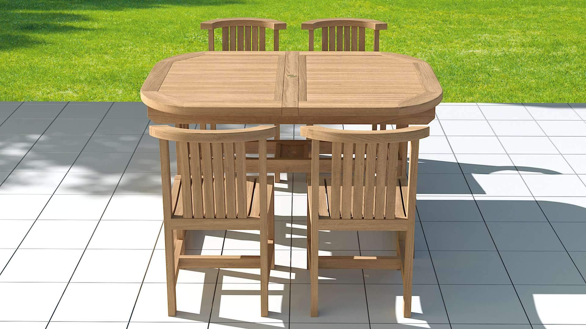 Teak Garden Deluxe Extending 130-180cm (6 Seater) Dining Table Closed with Four Winchester Garden Dining Chairs