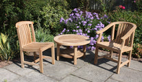 Round Teak Coffee Table with Winchester Carver & Dining Chairs