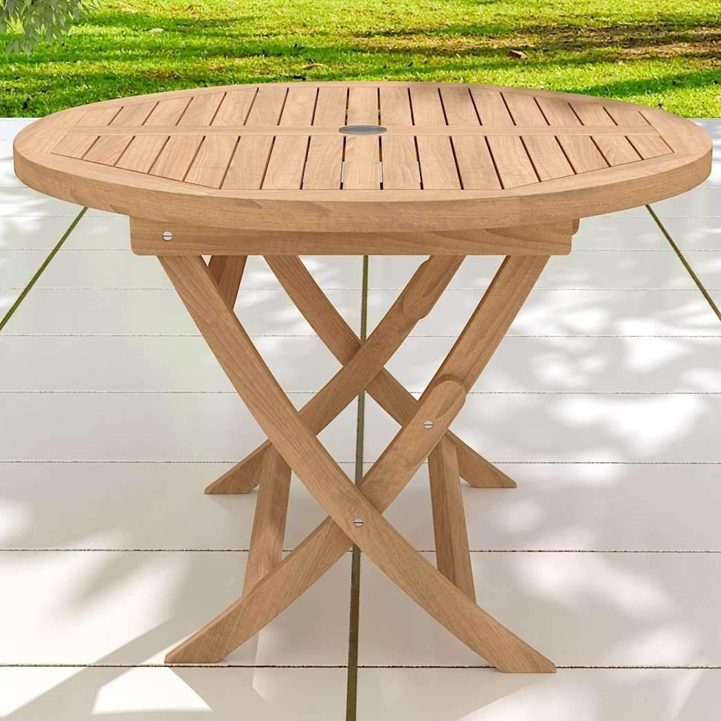 Round Folding Teak Garden Table Side View
