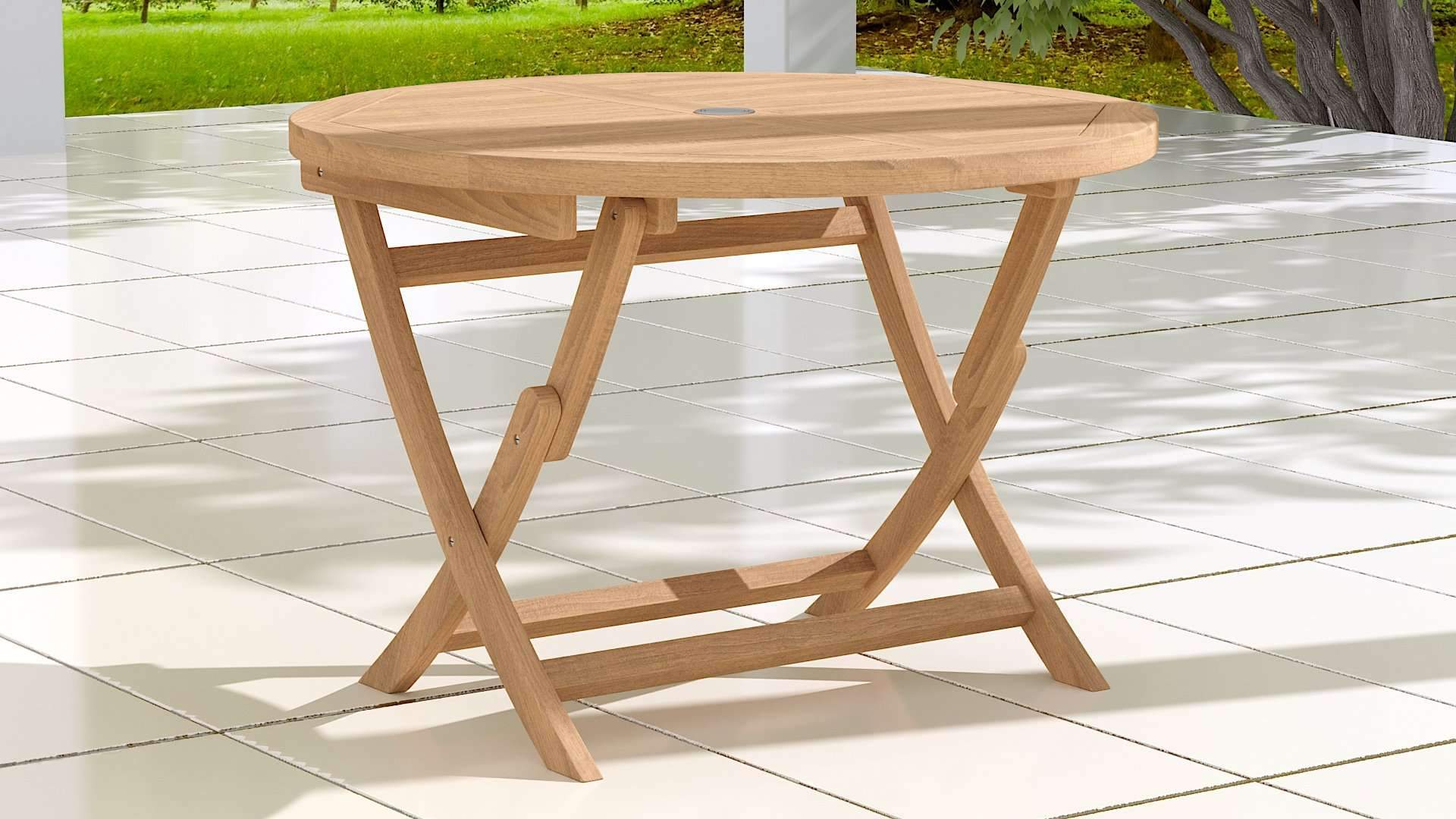 Round Folding Teak Garden Table Front Angled View