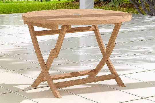 Round Folding Teak Garden Table Front Angled View
