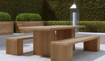Mayfair Teak Garden Dining Table with Two 200cm Benches Front Angled View