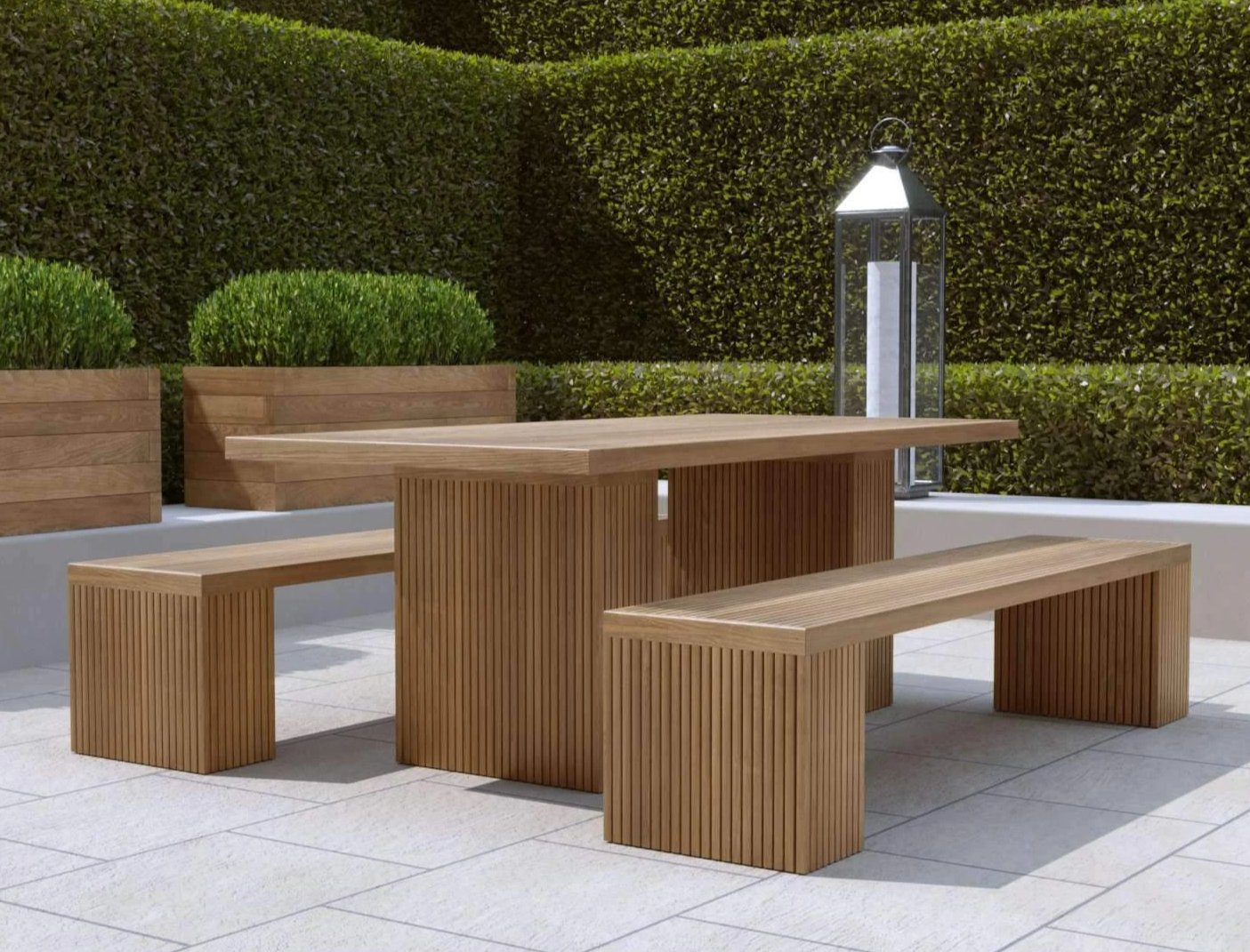 Mayfair Teak Garden Dining Table with Two 200cm Benches Front Angled View